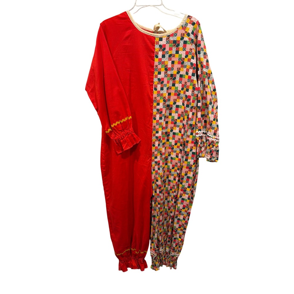 Handmade Clown Costume Red Patchwork Floral Jumpsuit Ruffle Ric-Rac Vintage